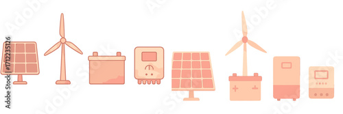 Sustainable energy system components including solar panels wind turbines batteries and power inverters
