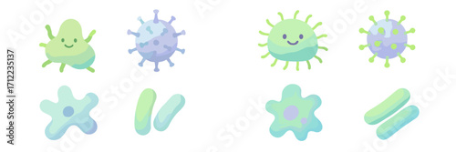 Adorable cartoon microorganisms set with smiling bacteria, viruses, and amoebas in soft pastel colors for health, science, and education