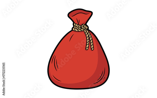 Red cloth bag tied with rope isolated on white background