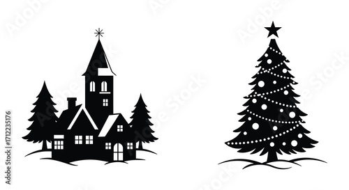A festive scene depicting a church and decorated christmas tree silhouette