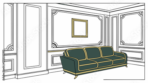 Elegant sofa in a classic interior design line art illustration for home decor and furniture catalogs.