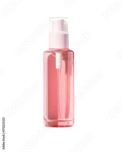 A clear glass bottle filled with pink liquid and a white pump on a white background in a studio shot