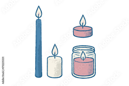 Collection of various lit candles including pillar, taper, tea light, and jar candles for ambiance