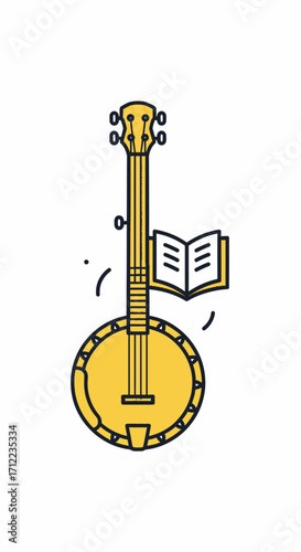 Illustrated yellow banjo with a music lesson book icon.