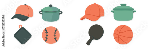 Collection of various everyday objects including kitchenware, sports equipment, and apparel in a flat design style