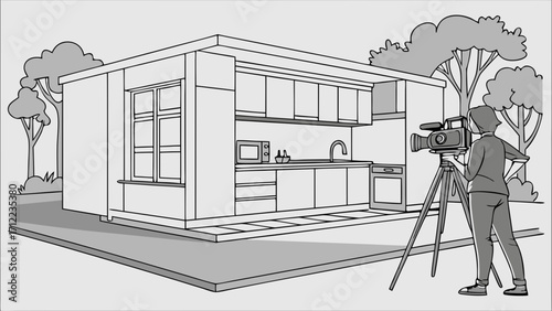 Filming a Modern Tiny House Kitchen Illustration.