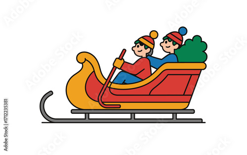 Two happy children riding in a red and yellow sleigh during winter