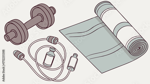 Fitness Equipment Illustration Dumbbell Jump Rope and Yoga Mat.