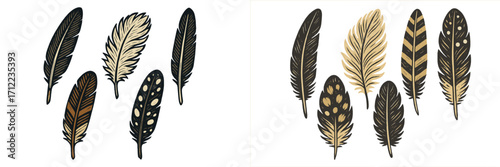 Stylized collection of elegant natural bird feathers, intricate designs and patterns, decorative arrangement, earthy tones