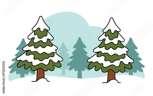 Two snow covered pine trees in a winter forest scene