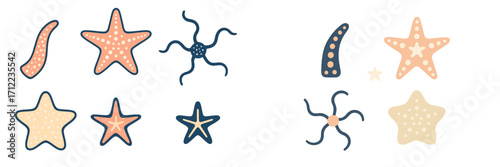 Assortment of colorful starfish and various ocean invertebrates in a charming underwater design