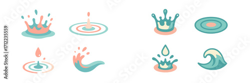 Abstract water elements set with dynamic splashes, falling drops, concentric ripples, and ocean waves in a modern graphic style