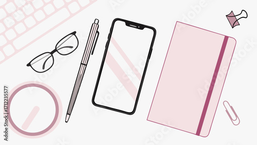 Flat lay of workspace with smartphone notebook pen glasses and keyboard illustration.