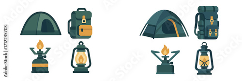 Outdoor adventure camping essentials featuring tents, backpacks, portable cooking stoves, and vintage lanterns