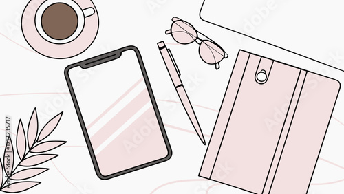 Flatlay illustration of phone notebook coffee and glasses minimalist design for social media or blog post.