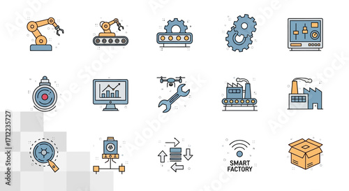 Industrial Automation and Smart Factory Technology Icons Set.