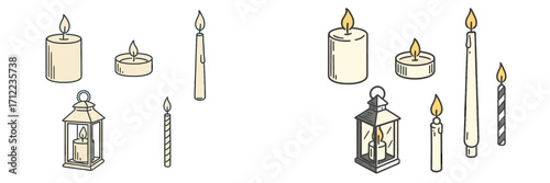 Diverse set of burning wax candles in various forms such as pillar, taper, and tealight, accompanied by traditional lanterns