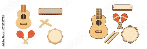 A diverse collection of musical instruments featuring a ukulele, harmonica, maracas, claves, and a tambourine, presented on a clean white background