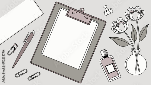 Flatlay of Office Supplies Flowers and Perfume Blank Template for Mockup Design.