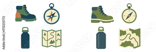 Outdoor adventure hiking and camping gear set with boots, compass, water bottle, and map icons for exploration