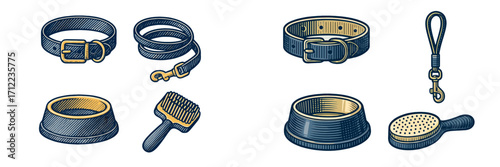 Essential pet care accessories set with dog collars, leashes, food and water bowls, and grooming brushes for animals