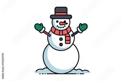Cute cartoon snowman with hat scarf and mittens welcoming winter