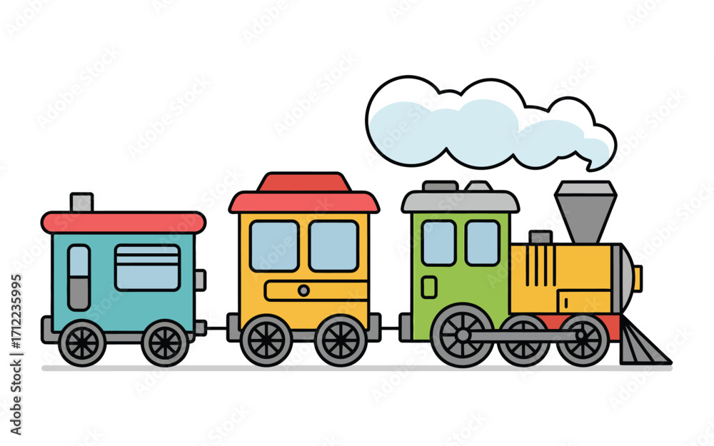 Naklejka premium Colorful cartoon train with carriages and steam cloud illustration