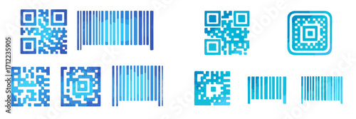 Modern blue gradient QR codes and barcodes for digital scanning, product identification, and mobile technology