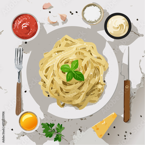 Delicious pasta meal illustration golden noodles with basil, tomato sauce, creamy dressing, cheese, and seasonings. Flat lay on a textured surface, creating an appetizing scene