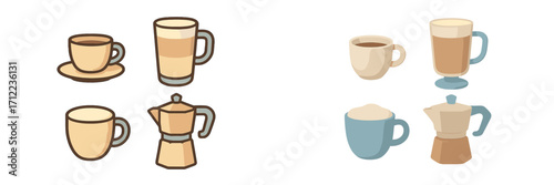 Assortment of stylized coffee cups, mugs, and moka pot designs for hot beverages, perfect for cafes and home kitchens