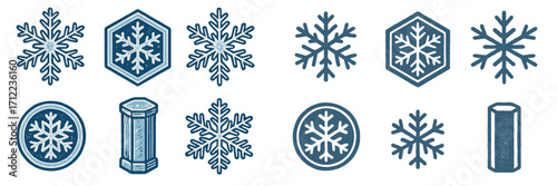 Set of diverse winter snowflake icons and symbols with textured blue designs for seasonal graphics and holiday projects