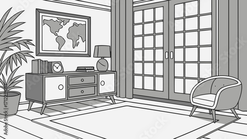 Interior design illustration modern living room sketch minimalist home decor gray scale drawing armchair cabinet world map plant rug French doors.