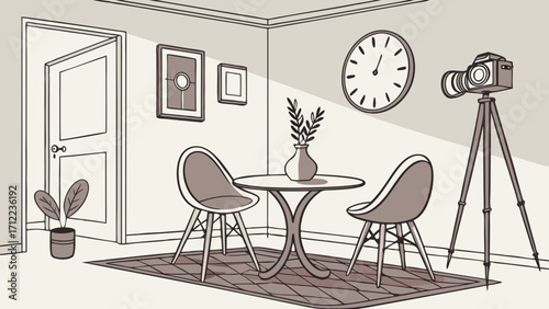 Interior design illustration minimalist room sketch two chairs and table camera on tripod home decor simple drawing modern furniture wall clock potted plant artwork neutral colors eleg.