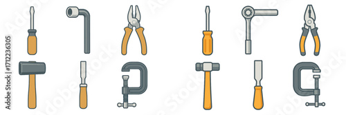 Collection of essential hand tools including screwdrivers, wrenches, pliers, hammers, chisels, and clamps for various projects