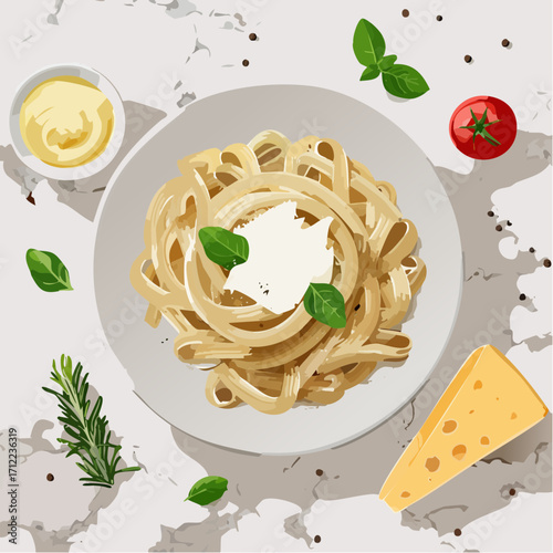 Delicious Pasta Dish Illustration with Cheese, Basil, and Tomato