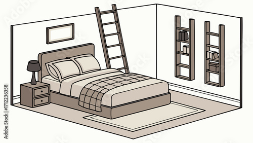 Isometric illustration of a bedroom interior with bed ladder and bookshelves.