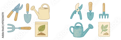 Collection of essential garden tools and supplies: pruning shears, trowel, watering can, seed packet