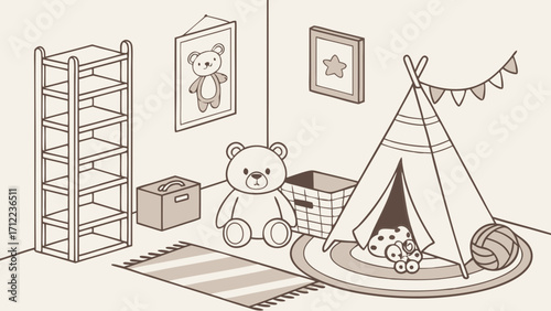 Isometric illustration of a childs playroom with toys furniture and teepee.