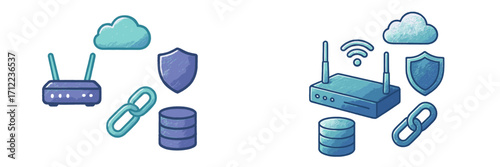 Modern digital network security, cloud computing, and data storage concepts with connectivity link and router icons