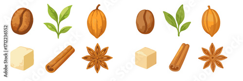 Assortment of natural ingredients including coffee beans tea leaves cocoa pods sugar cubes cinnamon sticks and star anise spices