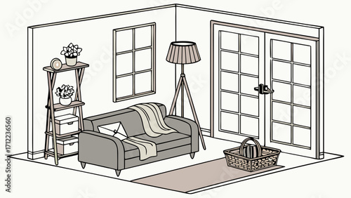 Isometric illustration of a cozy living room interior with furniture plants and a French door.