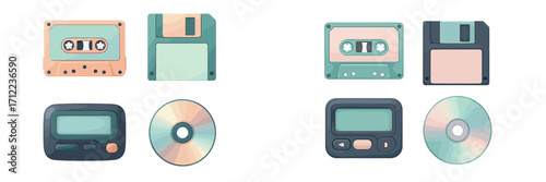 Nostalgic collection of old technology including audio cassettes, floppy disks, pagers, and compact discs