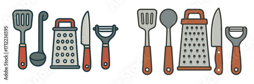 Essential kitchen tools and cooking implements including spatula, ladle, grater, knife, and peeler for food preparation
