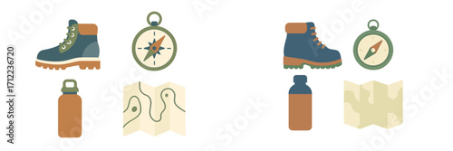 Essential outdoor adventure equipment including hiking boots, navigational compass, hydration bottle, and folded topographic map