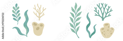 Collection of stylized underwater plants, flowing seaweed, and diverse coral reef elements in a muted color palette for aquatic designs