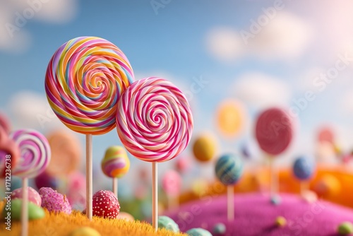 A single colorful lollipop with a red swirl stands out on a vibrant green background, creating a fun, sweet, and delicious dessert scene