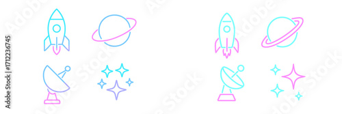 Modern space exploration icons featuring rocket launch, ringed planet, radar antenna, and shining stars