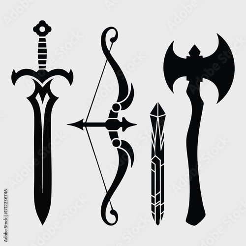 Black silhouettes of vintage steel tools, including pliers and a wrench, are isolated on a white background as a vector illustration