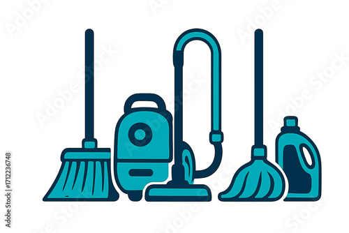Variety of essential household cleaning supplies and equipment for domestic chores and maintenance tasks
