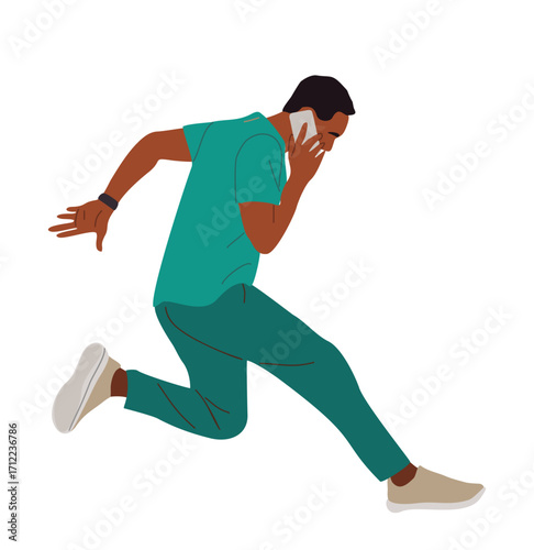 Flat vector illustration of a male doctor in green medical scrubs running with phone in hand. Side view, healthcare professional hurrying to patients, isolated on transparent background
